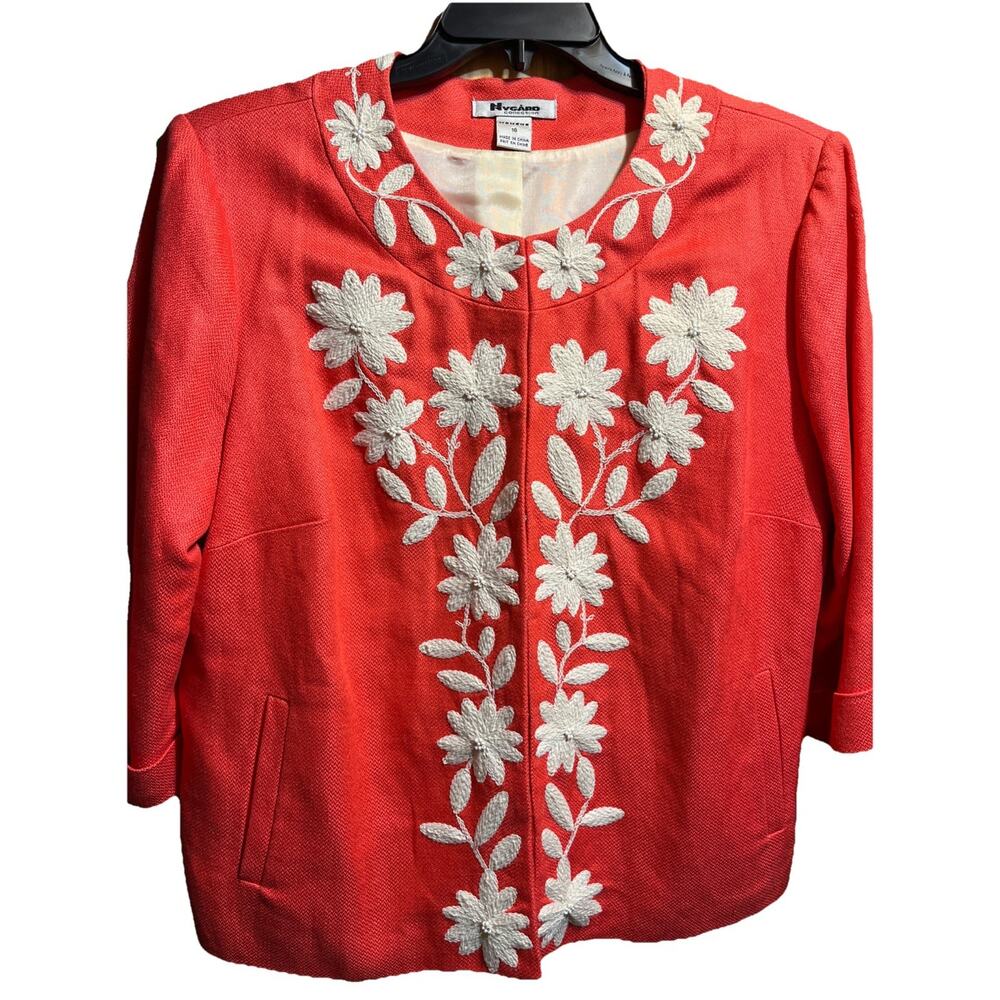 PETER NYGARD Womens 16 Red Linen Blend Floral Embroidered 3/4 Sleeve Blazer